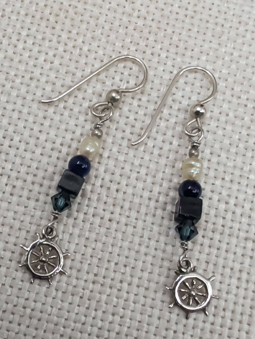 Sterling Silver Nautical Wheel Dangle Earrings with Navy and Pearl Beads - Picture 4 of 17